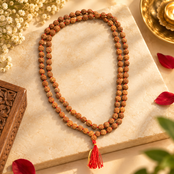 5 Mukhi Rudraksha Mala with 108+1 natural Rudraksha beads on red silk thread