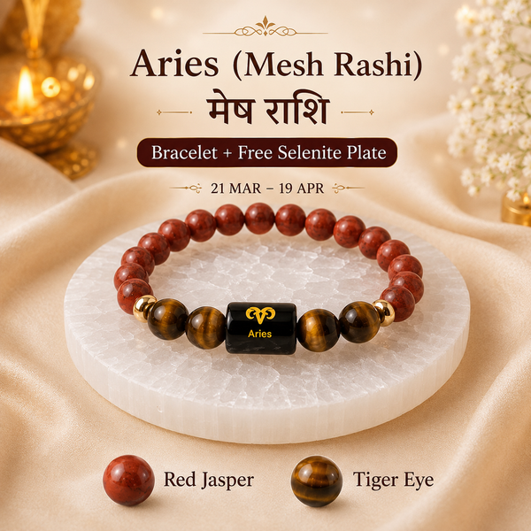Aries (Mesha Rashi) Red Jasper and Tiger Eye crystal bracelet with free Raw Selenite Plate
