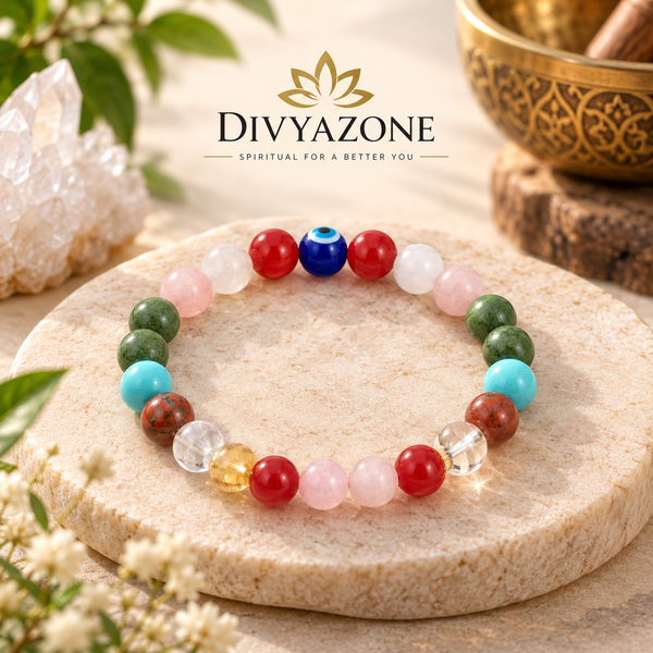 Pregnancy Bracelet featuring 7 natural healing crystals including Rose Quartz, Red Carnelian, Turquoise, Clear Quartz, Unakite and Evil Eye beads for emotional balance, protection and nurturing energy by Divyazone