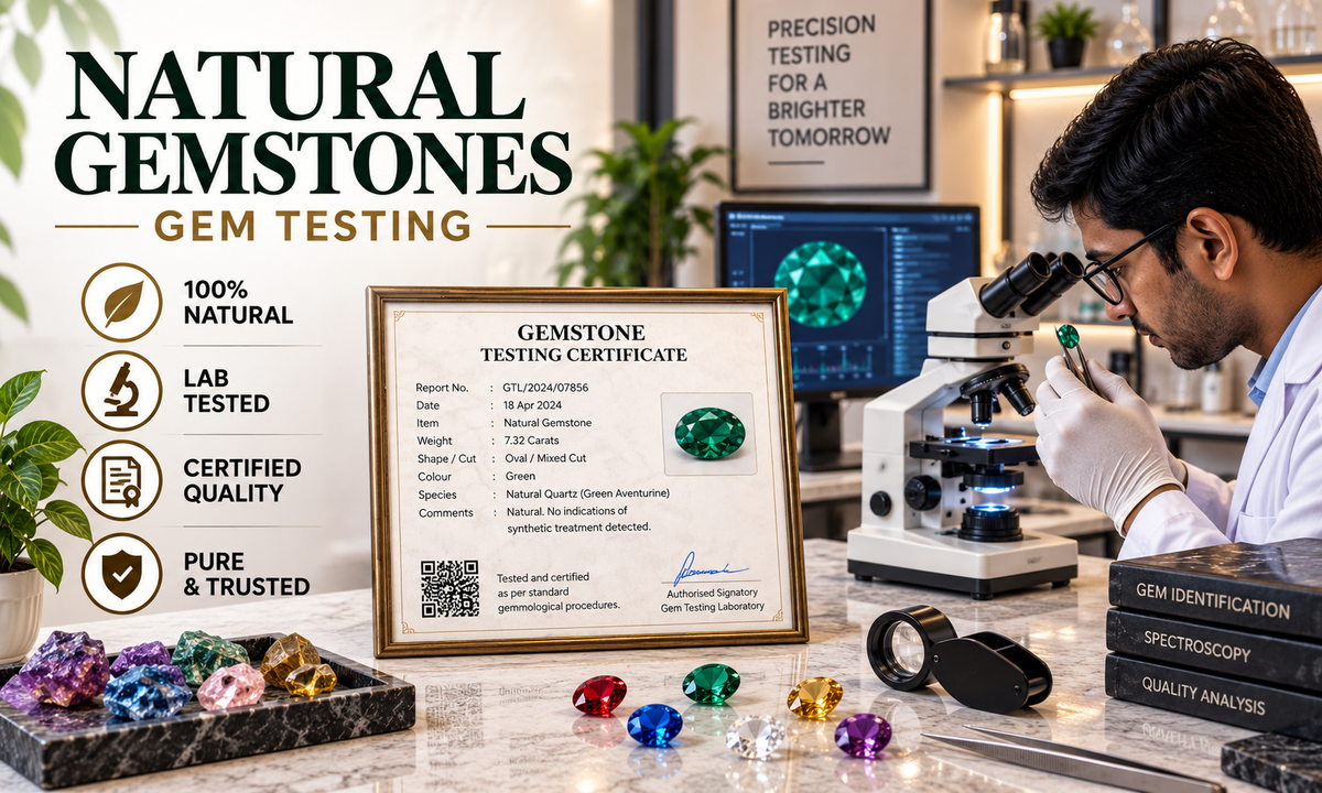 A man in a lab coat examines a green gemstone under a microscope in a gemology laboratory, with a framed gemstone testing certificate on the counter. The left side features promotional text reading 'Natural Gemstones Gem Testing' with icons for 100% natural, lab tested, certified quality, and pure & trusted, alongside a display of colorful gemstones and books.