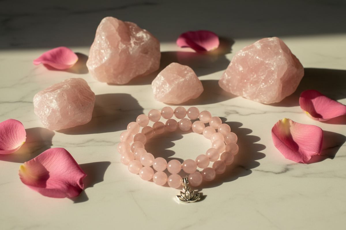  Rose Quartz crystal bracelet — stone of unconditional love, healing benefits at Divyazone 