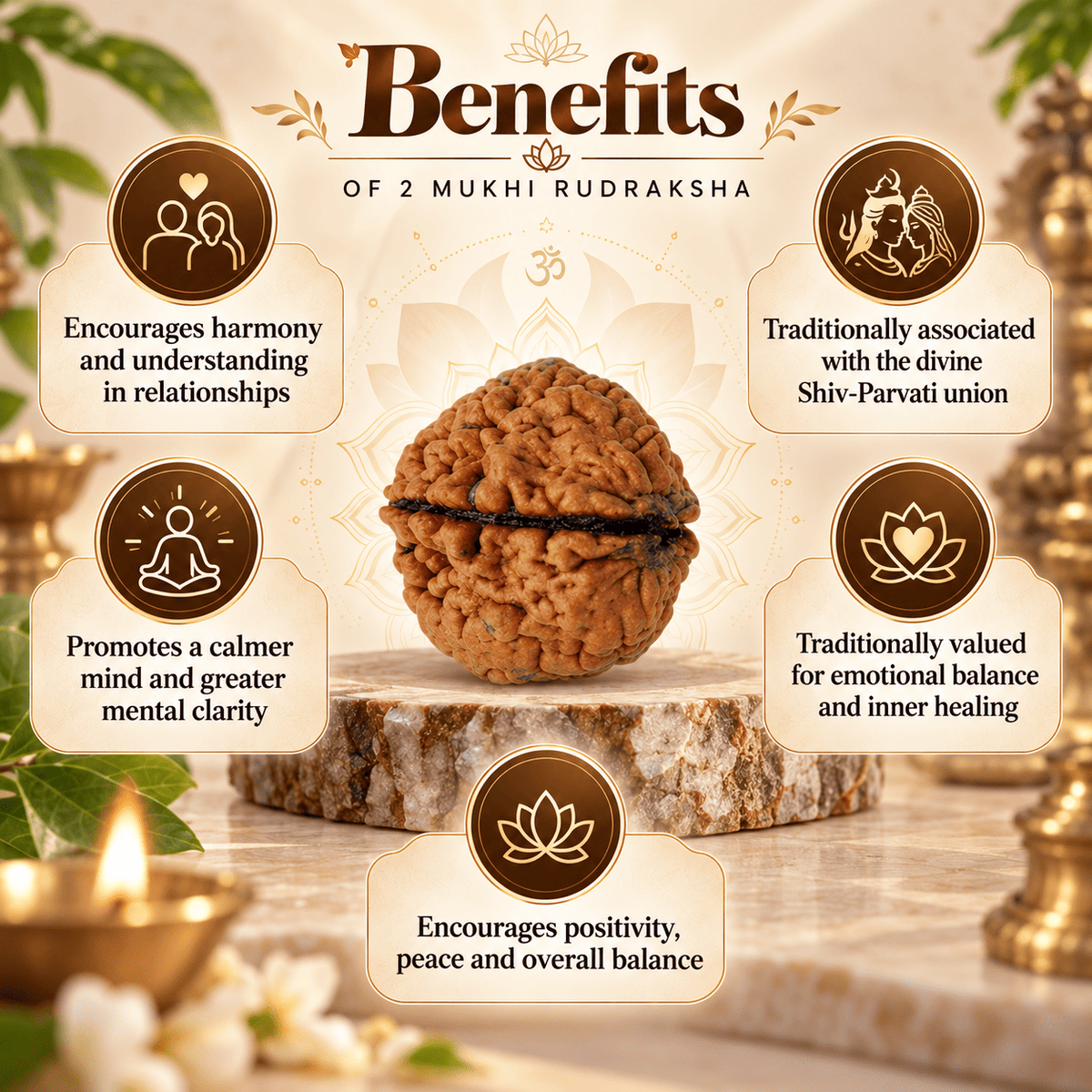 2 Mukhi Rudraksha benefits infographic showing traditional associations with relationships, mental clarity, emotional balance and positivity