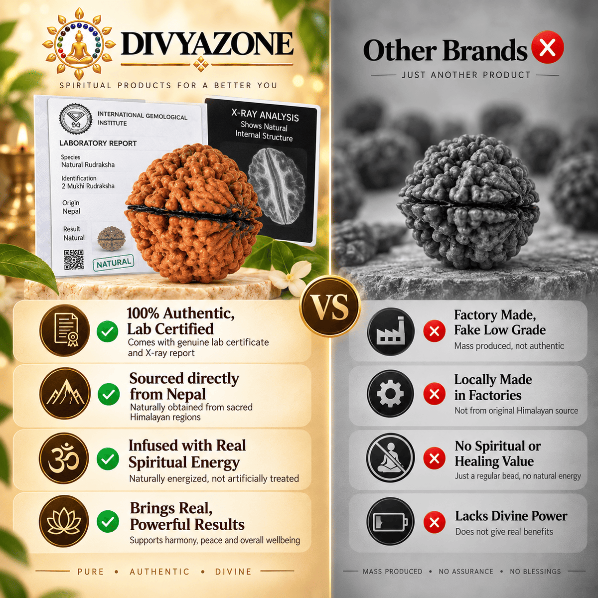 DivyaZone 2 Mukhi Rudraksha authenticity comparison featuring lab certificate, X-ray report and natural Rudraksha bead
