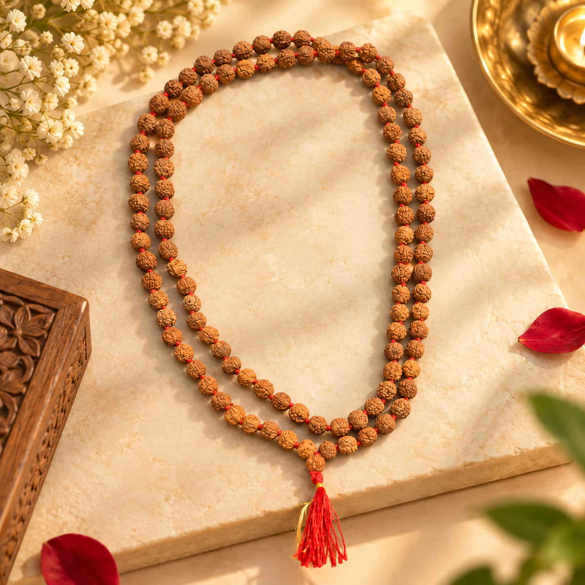 5 Mukhi Rudraksha Mala with 108+1 natural Rudraksha beads on red silk thread