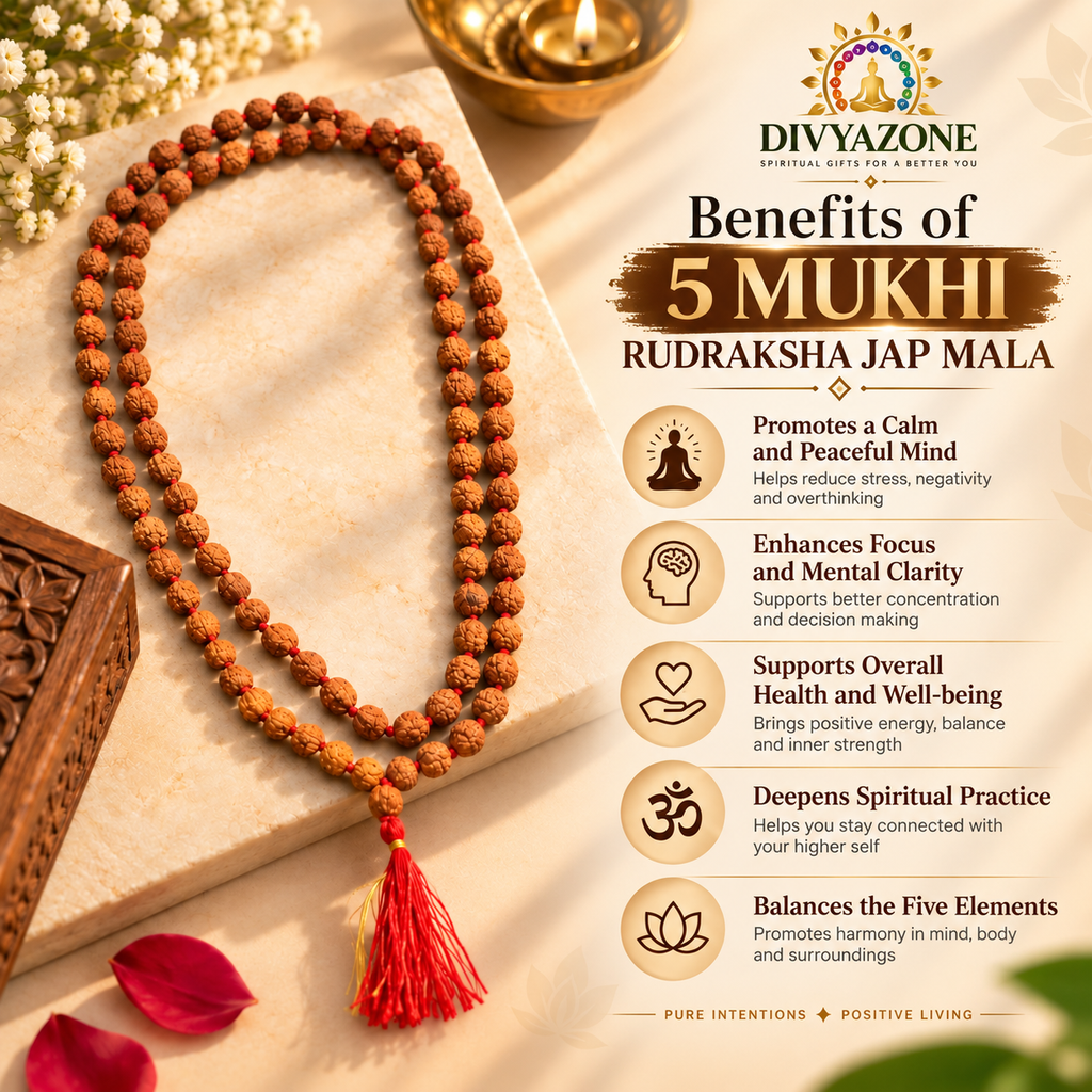 5 Mukhi Rudraksha Mala showing natural beads, authentic quality and traditional spiritual use