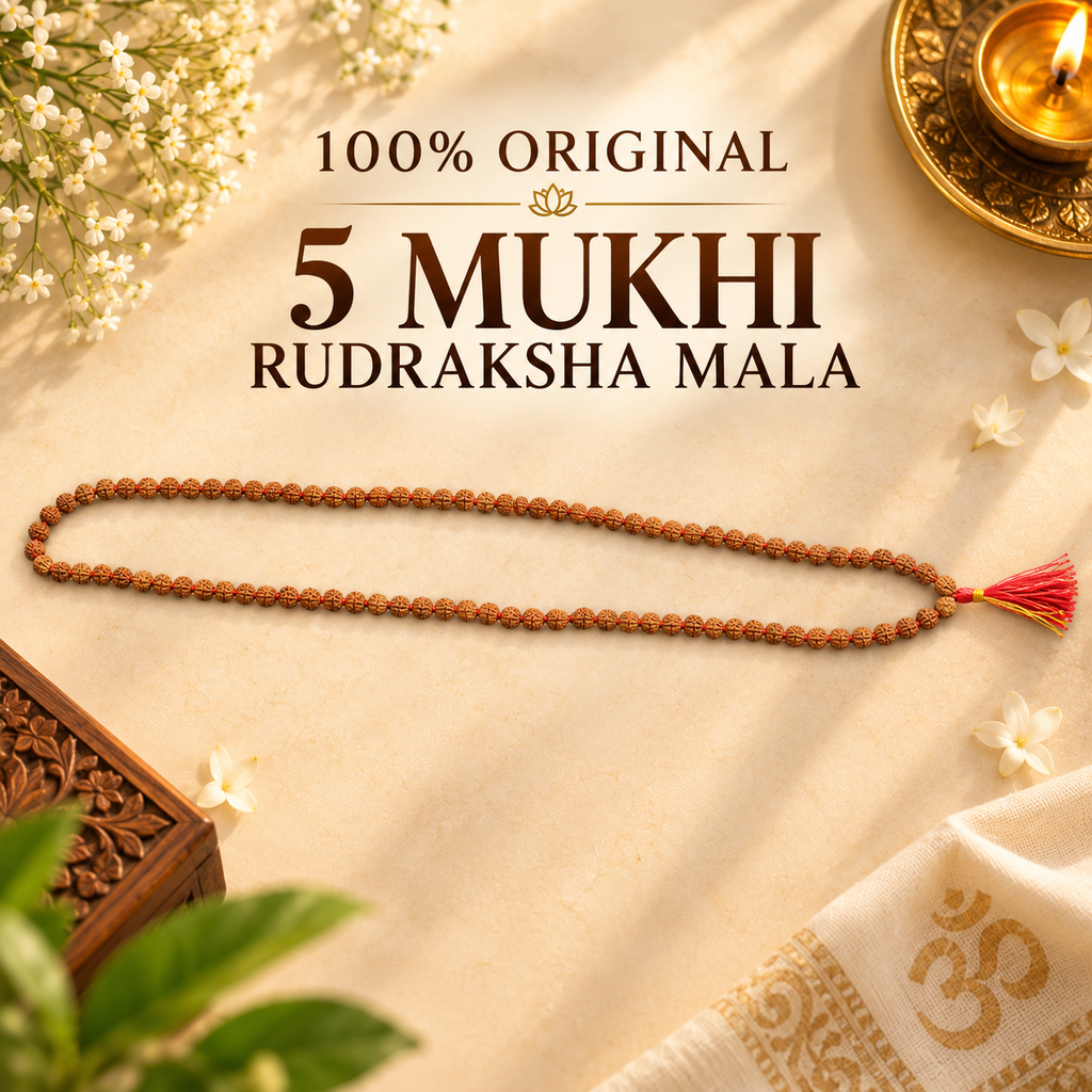 Original lab certified 5 Mukhi Rudraksha Mala showing 7mm beads and 108+1 bead count