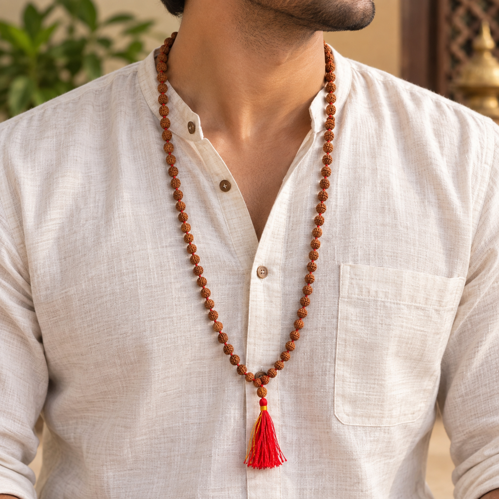 Man wearing 5 Mukhi Rudraksha Mala with natural Rudraksha beads around the neck