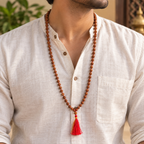 Man wearing 5 Mukhi Rudraksha Mala with natural Rudraksha beads around the neck