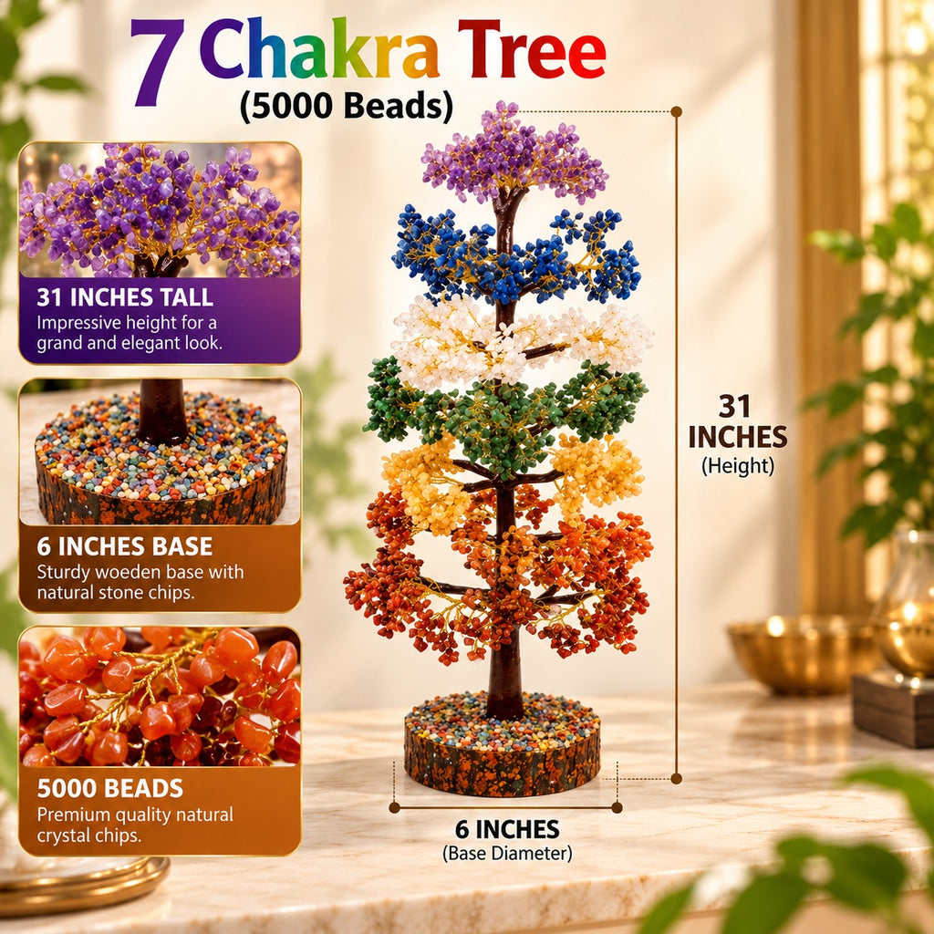 7 Chakra Crystal Tree with 5000 beads showing 31 inch height and 6 inch wooden base diameter.
