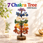 7 Chakra Crystal Tree featuring seven colorful gemstone bead layers, golden wire branches and a decorative wooden base.