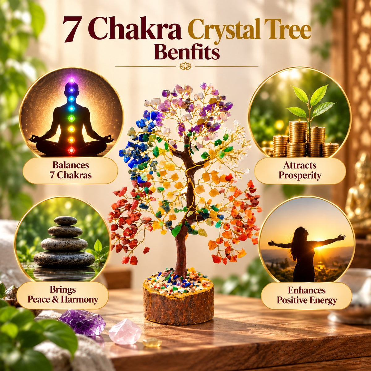 7 Chakra Crystal Tree benefits including chakra balance, prosperity, peace and positive energy