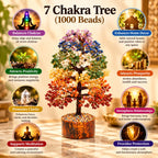 Colorful 7 chakra gemstone tree infographic highlighting positivity, harmony, meditation, prosperity and protection
