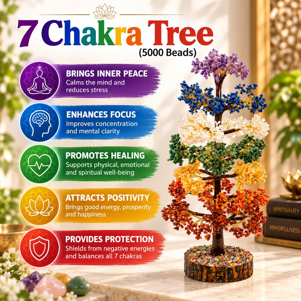 7 Chakra Crystal Tree with colorful gemstone bead layers and an infographic highlighting meditation, focus, positivity and spiritual décor benefits.