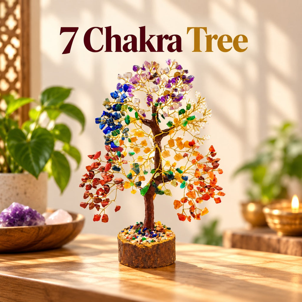7 Chakra Crystal Tree made with natural gemstones and golden wire branches for spiritual home decor