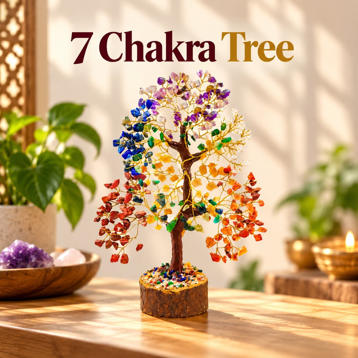 7 Chakra Crystal Tree made with natural gemstones and golden wire branches for spiritual home decor