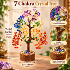 Close-up of 7 Chakra Crystal Tree natural gemstones, golden wire branches, detailed trunk and wooden gemstone-filled base