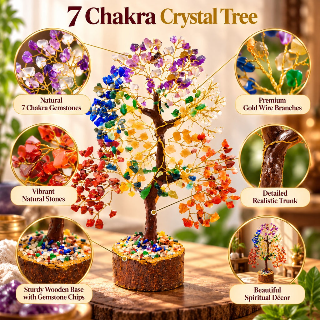 7 Chakra Crystal Tree displayed in bedroom, office, meditation space and living room