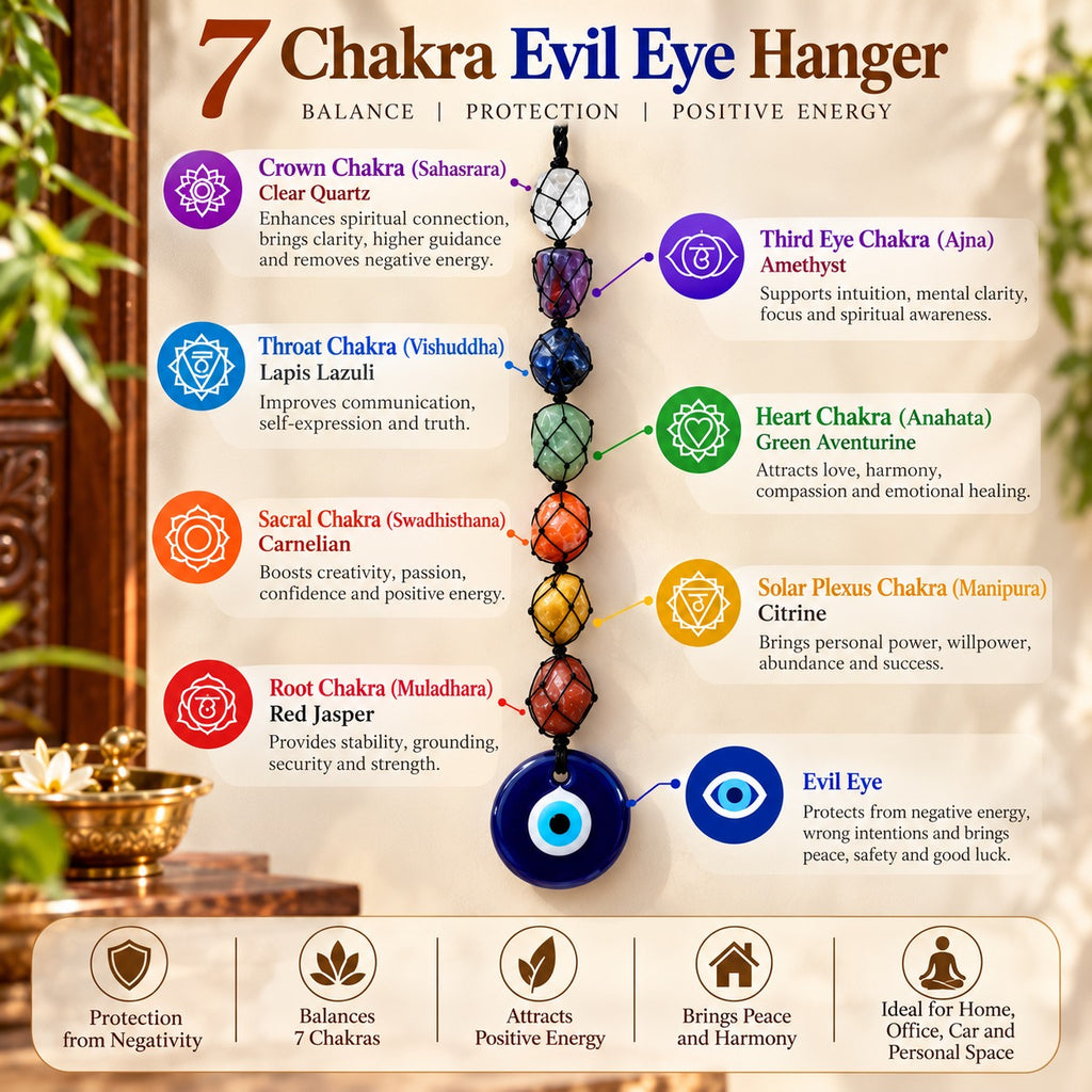 7 Chakra Evil Eye Hanging infographic showing chakra stones, spiritual symbolism and traditional benefits