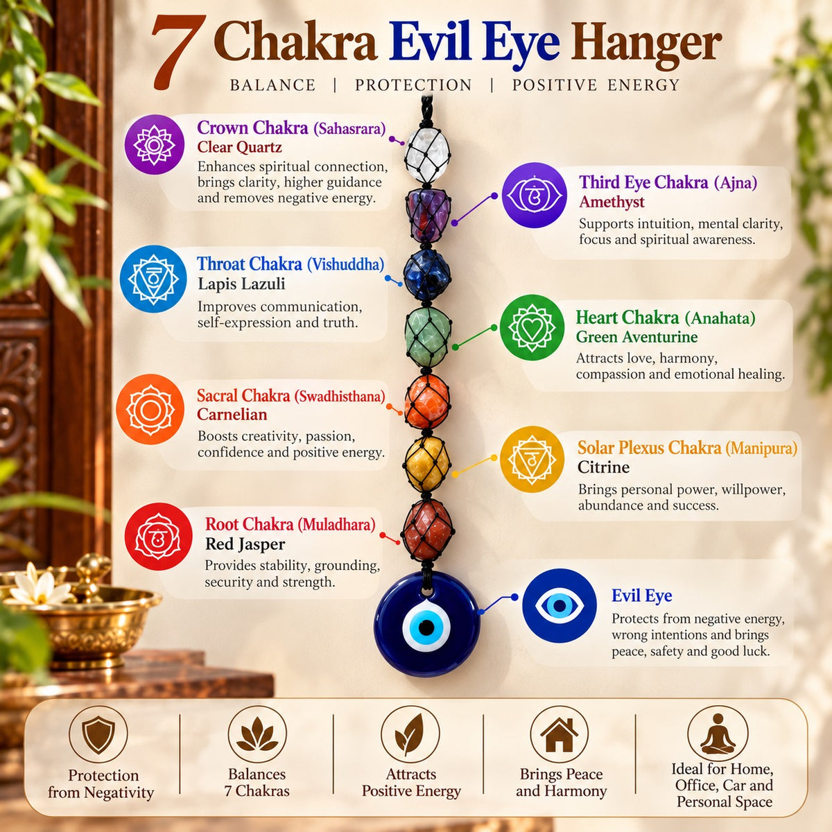 7 Chakra Evil Eye Hanging infographic showing chakra stones, spiritual symbolism and traditional benefits
