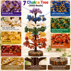 7 Chakra Crystal Tree 5000 beads with close-up details of colorful gemstone beads, golden wire branches, tree trunk and wooden base.