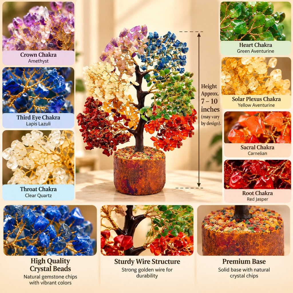 Close-up of 7 Chakra Tree crystal beads with approximate height of 7 to 10 inches