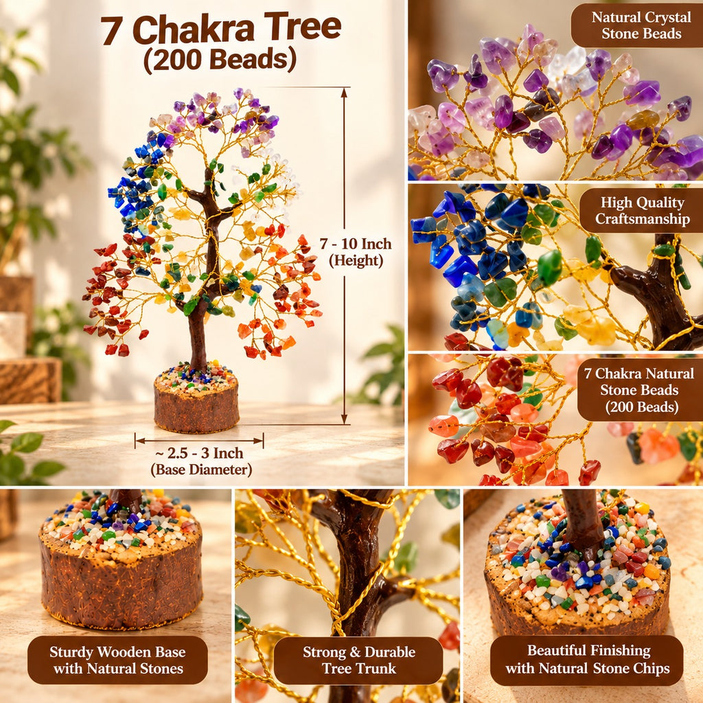 Close-up details of 7 Chakra Tree with colorful natural crystal beads and handcrafted wire branches