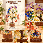 Close-up details of 7 Chakra Tree with colorful natural crystal beads and handcrafted wire branches
