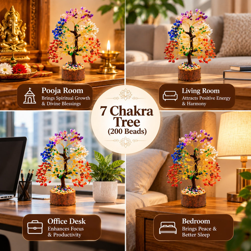 7 Chakra Tree displayed in pooja room, living room, office desk and bedroom