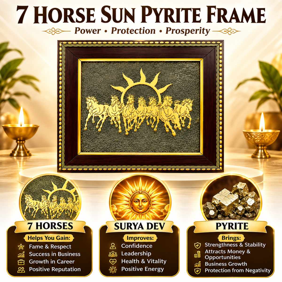 7 Horse Pyrite Frame for home temple, living room, office and business décor Divyazone