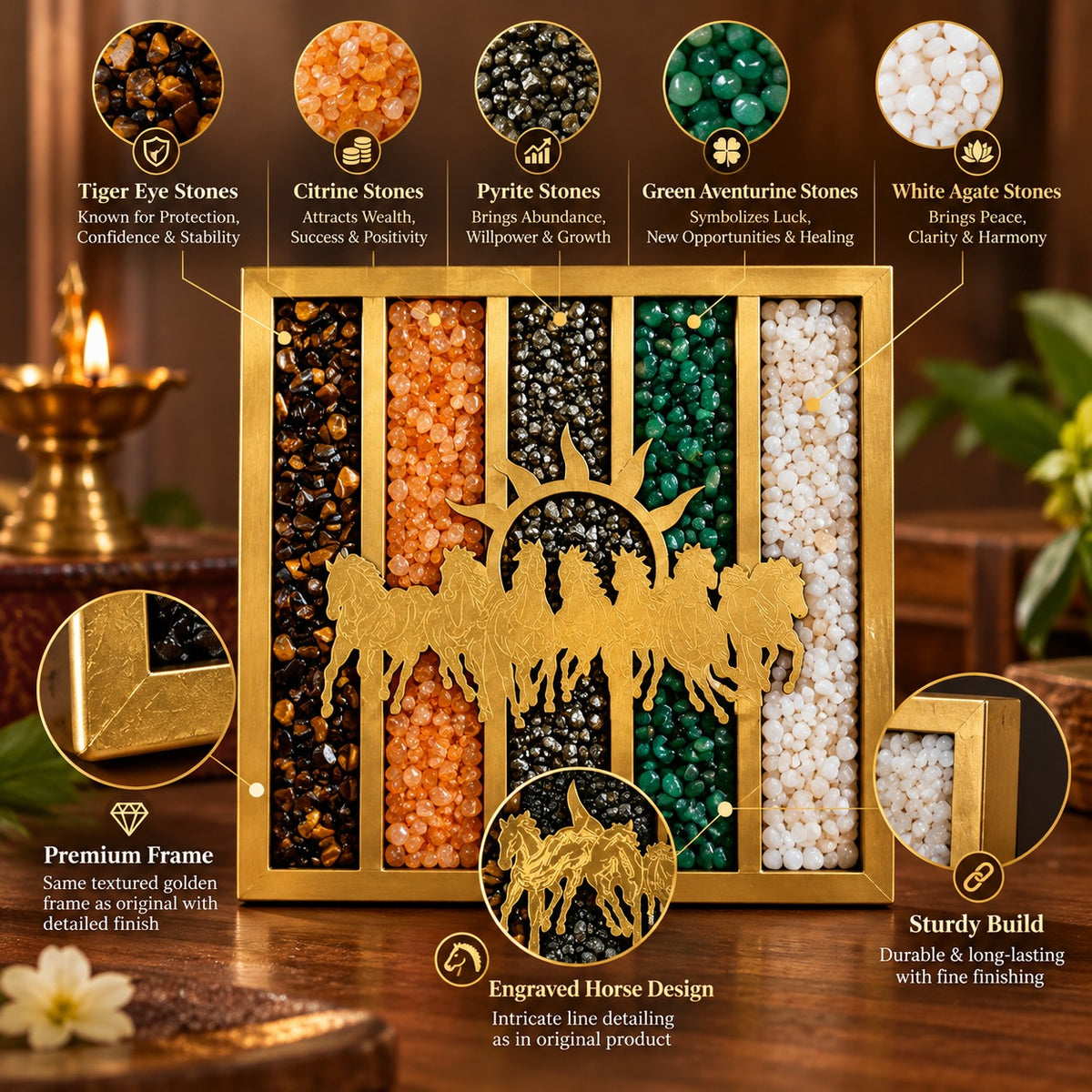Five gemstone panels featuring tiger eye, citrine, pyrite, green aventurine and white agate stones in a seven horses frame