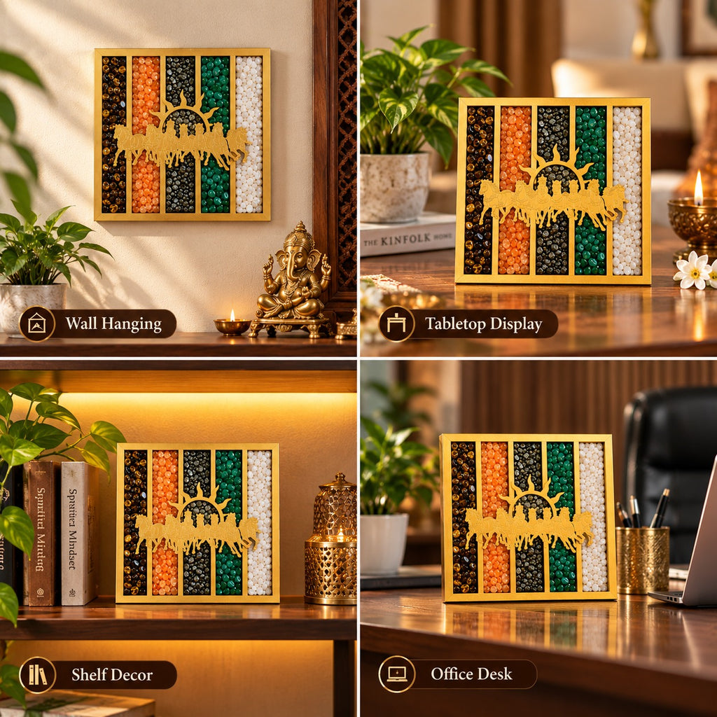 Seven horses crystal wall frame styled in different home interiors for shelf, table and wall display