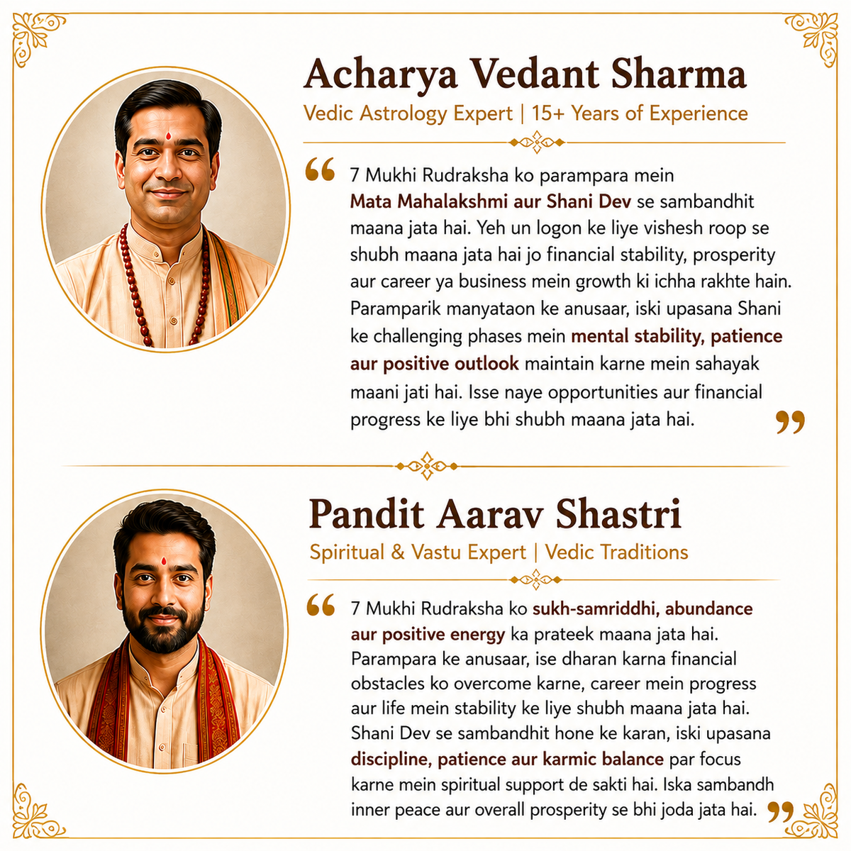 Vedic astrology and Vastu experts sharing traditional benefits of 7 Mukhi Rudraksha for prosperity, career growth and positive energy | DivyaZone