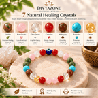 DIVYAZONE Pregnancy Bracelet featuring 7 natural healing crystals including Rose Quartz, Red Carnelian, Turquoise, Clear Quartz, Unakite and Evil Eye beads, with individual crystal bead details and bracelet shown below.