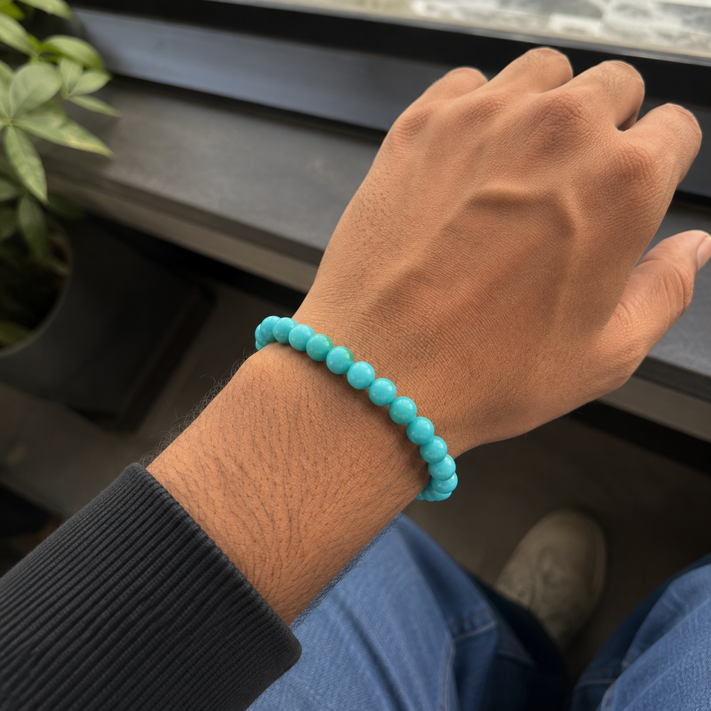 Natural Amazonite crystal bracelet worn on the wrist for everyday use