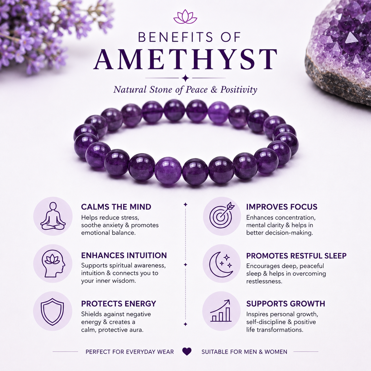 Natural amethyst bracelet highlighting traditional benefits of amethyst crystal