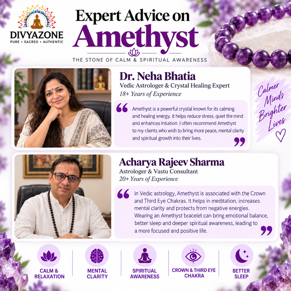 Divyazone Natural Amethyst Crystal Bracelet with expert astrologer advice highlighting calm, mental clarity, spiritual awareness, chakra balance, and better sleep.