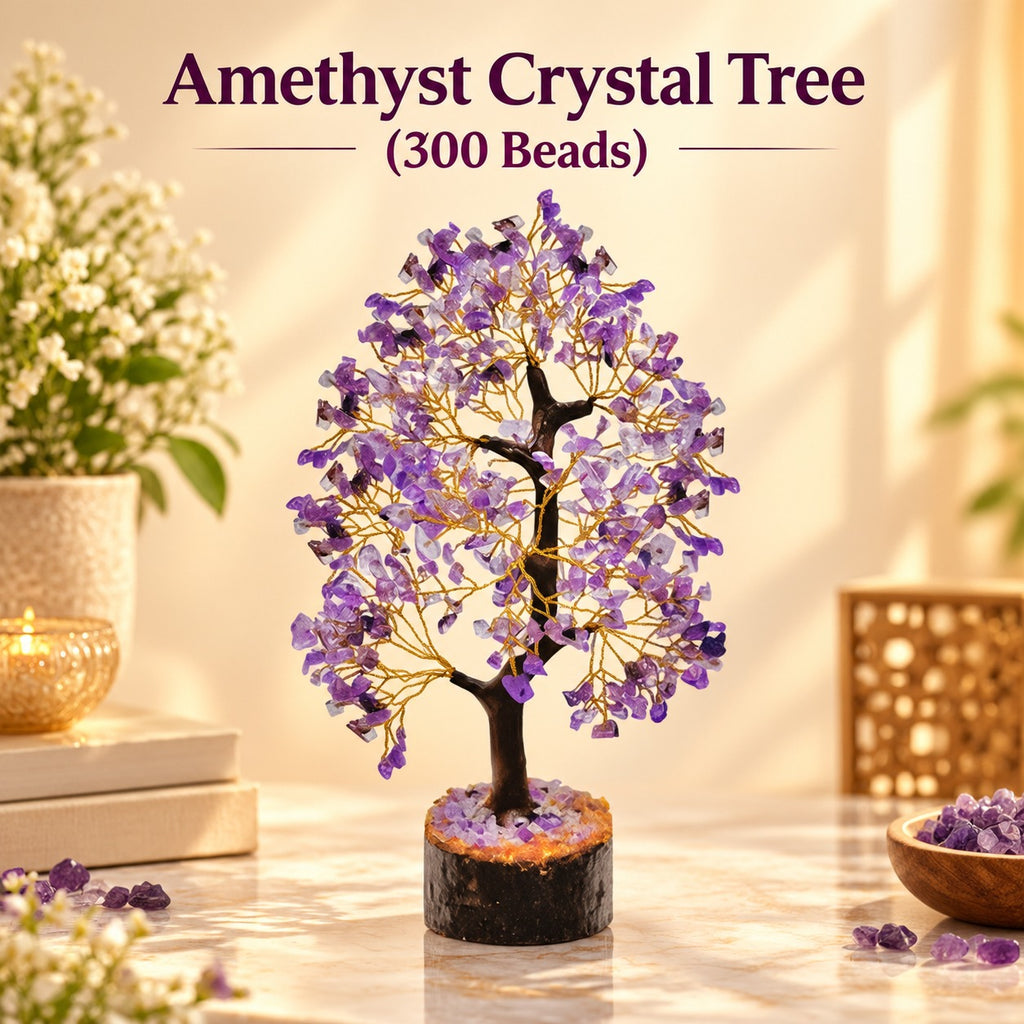 Amethyst Crystal Tree with 300 natural amethyst beads and golden wire branches for home decor