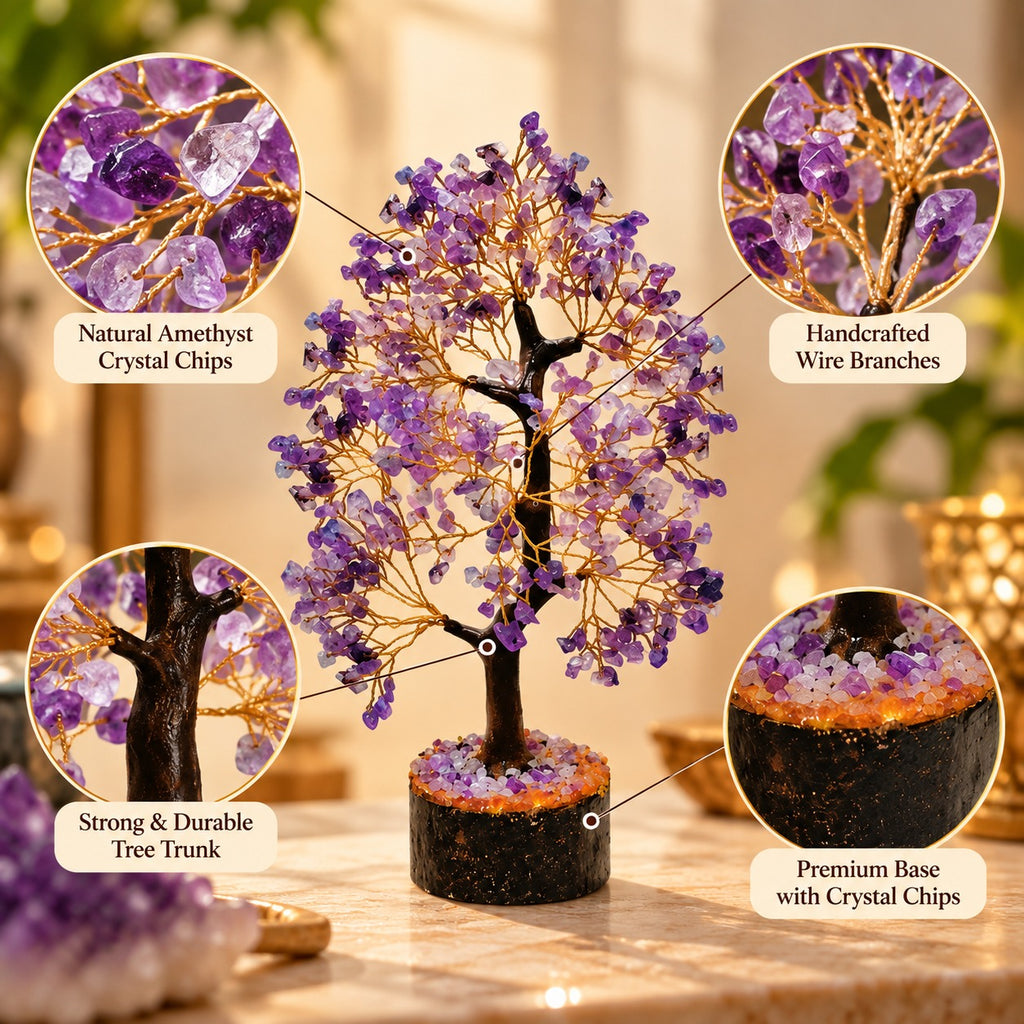 Close-up of Amethyst Crystal Tree showing natural amethyst chips, handcrafted wire branches, tree trunk and crystal-filled base