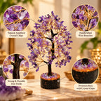 Close-up of Amethyst Crystal Tree showing natural amethyst chips, handcrafted wire branches, tree trunk and crystal-filled base