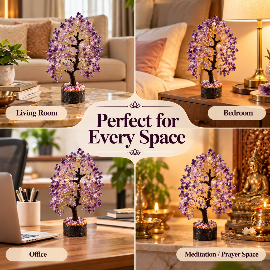 Amethyst Crystal Tree displayed in living room, bedroom, office and meditation or prayer space