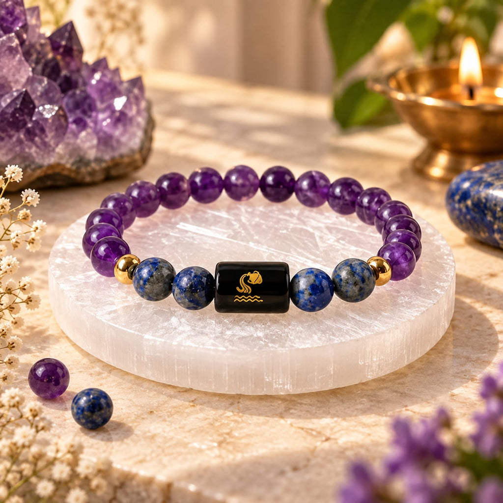 Aquarius Kumbh Rashi zodiac bracelet with natural Amethyst and Lapis Lazuli crystals