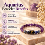 Aquarius Kumbh Rashi bracelet showing crystal benefits and properties of Amethyst and Lapis Lazuli