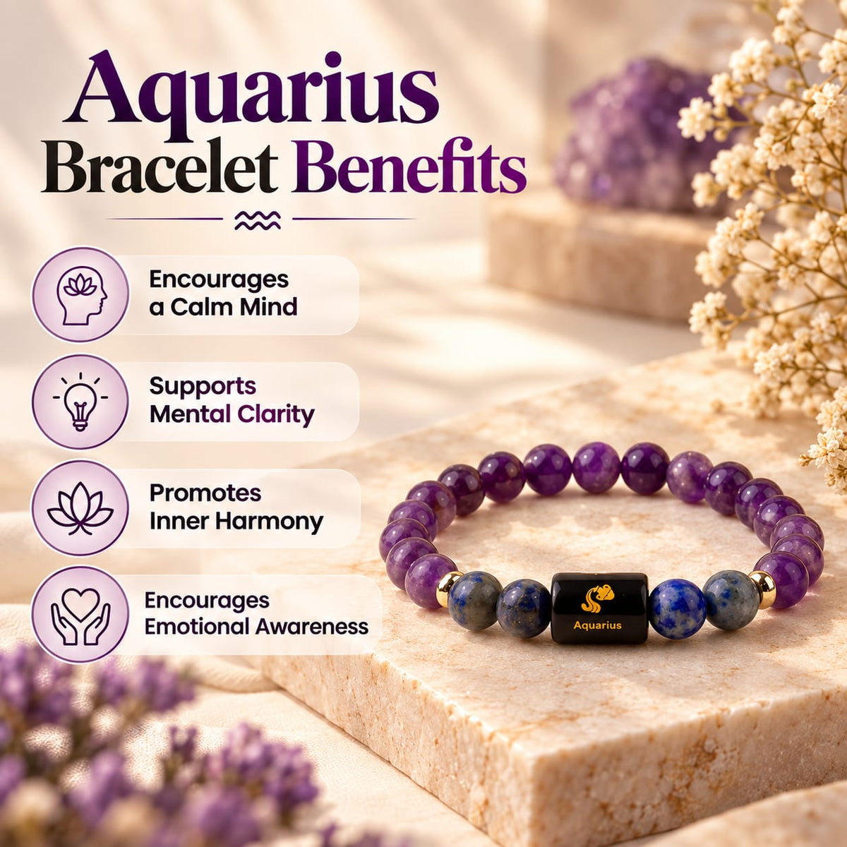 Aquarius Kumbh Rashi bracelet showing crystal benefits and properties of Amethyst and Lapis Lazuli