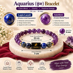 Aquarius Kumbh Rashi bracelet showing zodiac details, ruling planet and natural crystals