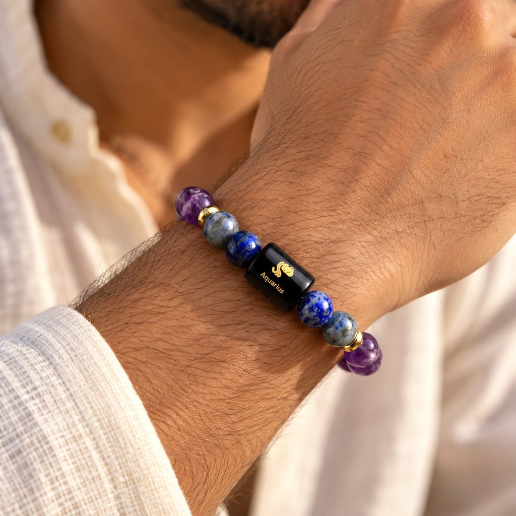 Woman wearing an Aquarius Kumbh Rashi crystal bracelet with natural gemstone beads