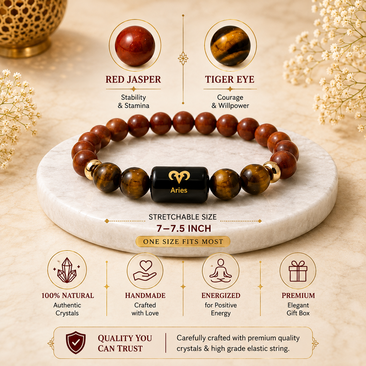 Aries bracelet featuring natural Red Jasper and Tiger Eye crystals on a stone plate