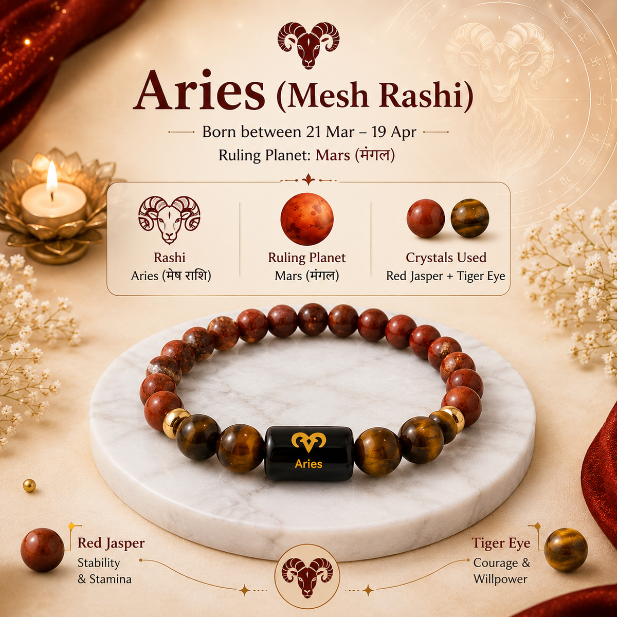 Aries (Mesha Rashi) zodiac bracelet made with Red Jasper and Tiger Eye crystals