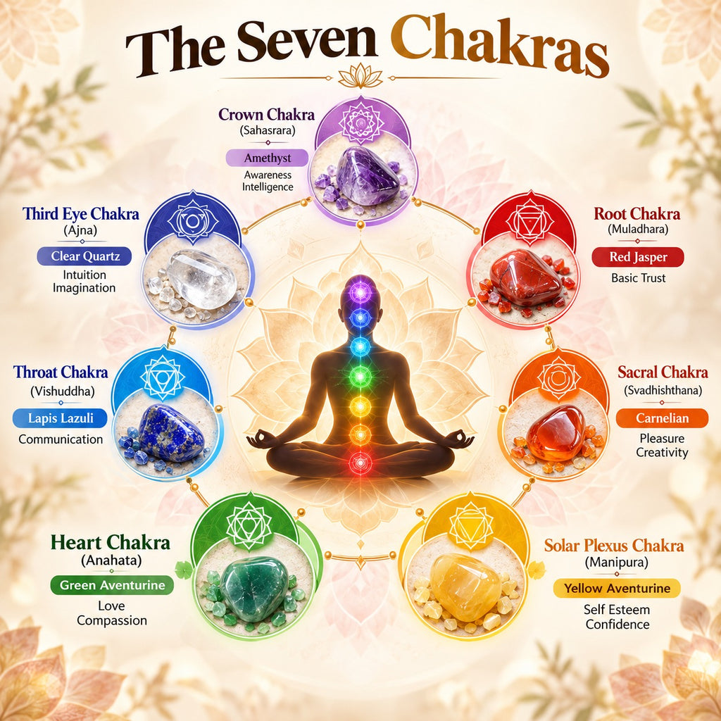 7 Chakra Tree highlighting benefits associated with chakra balance, positive energy, harmony and protection