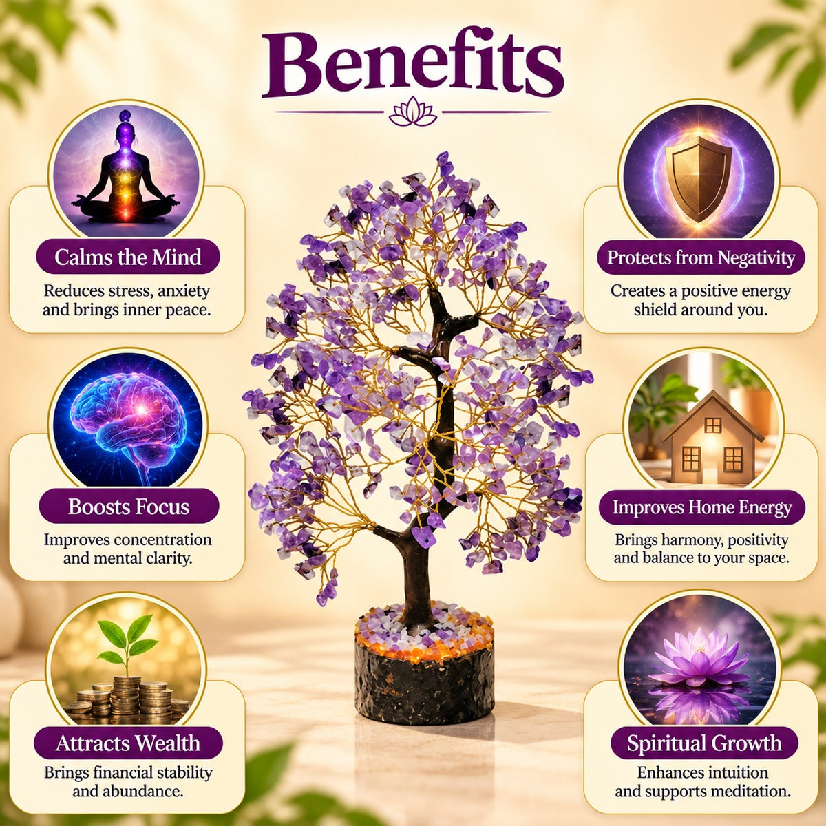 Amethyst Crystal Tree with visual benefits including calmness, focus, positivity, protection, wealth and spiritual growth