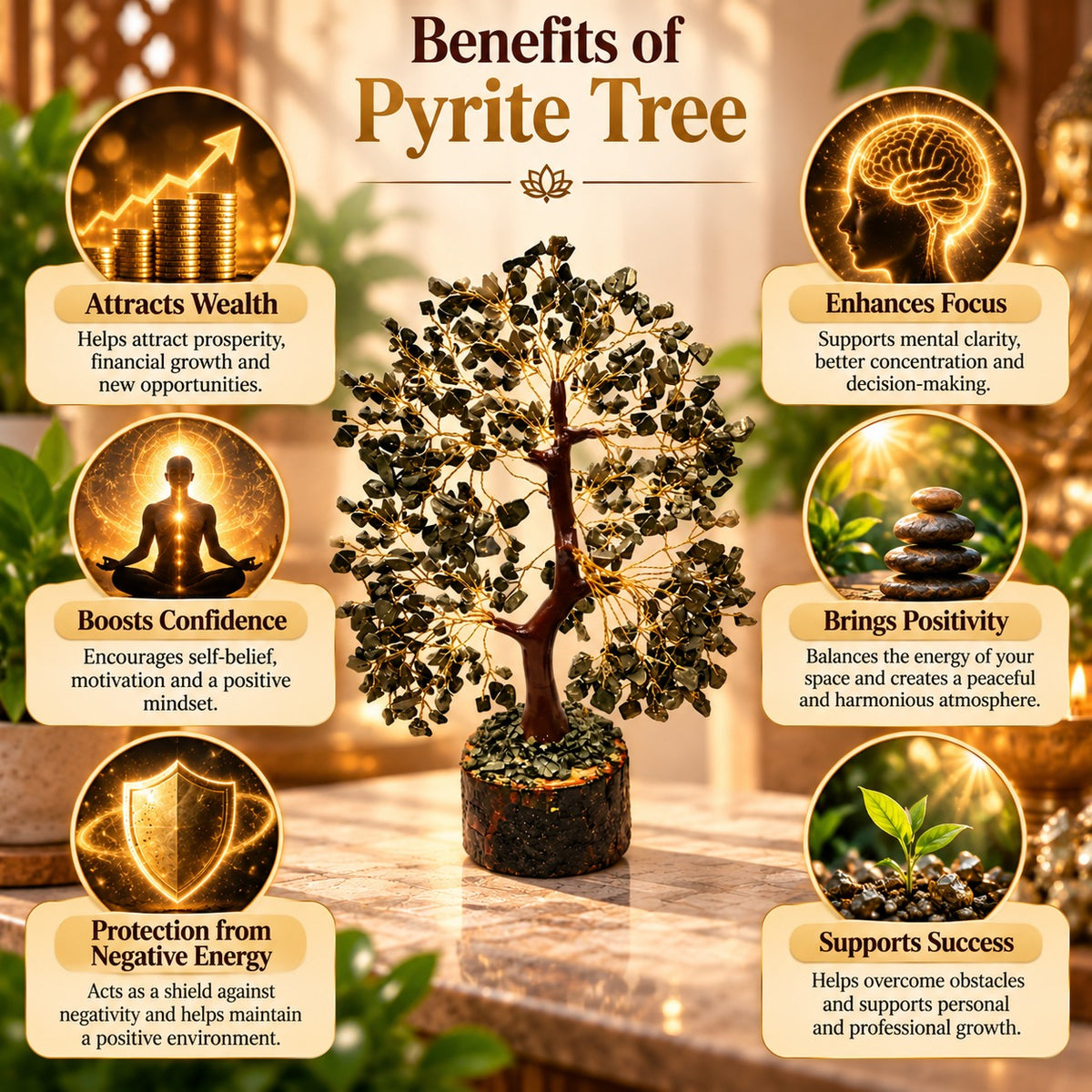 Pyrite Tree with visual benefits including wealth, confidence, focus, positivity, protection and success